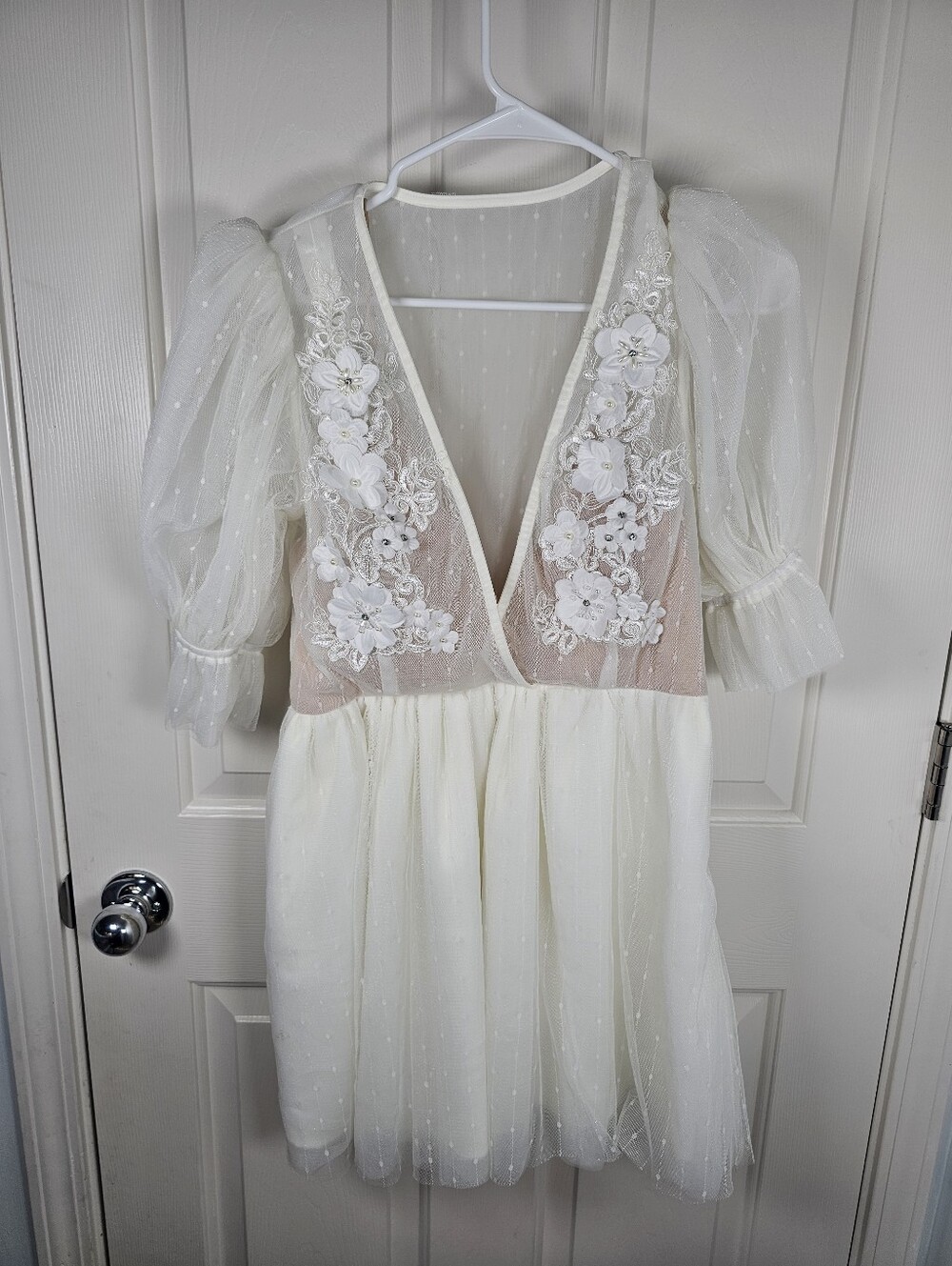 SHOWPO Akshia Mini DressPuff Sleeve Floral Detail Plunge Neck Dress White Size M
